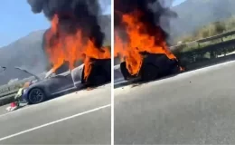 Görüntü Bursa’dan! Tesla marka elektrikli otomobil alev topuna döndü